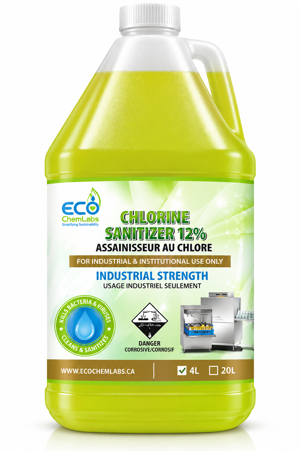 ECO ChemLabs 4L chlorine sanitizer 12% for industrial and institutional use