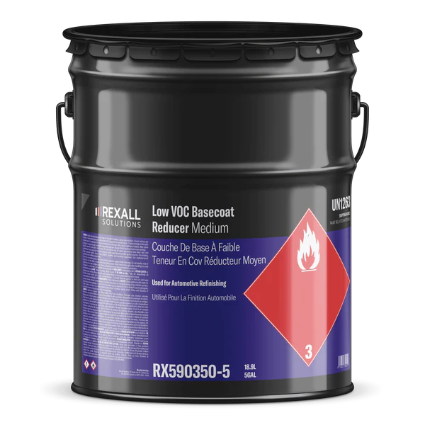 Rexall Low VOC Basecoat Reducer Medium 5 gallon automotive refinishing solvent drum
