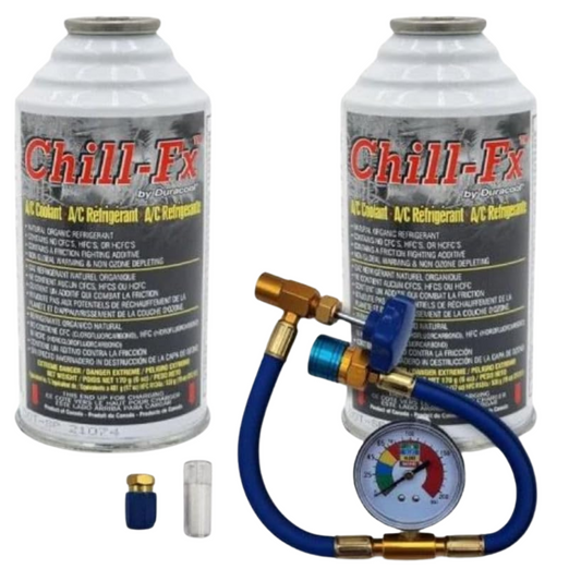 Chill-Fx AC Recharge Kit R134a and R12 Replacement AC Refrigerant A/C Refrigerator Includes Charging Hose with Gauge Oil Check Thermometer and Low Side Adapter