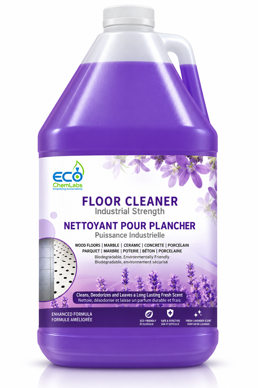 ECO ChemLabs 4L industrial strength lavender floor cleaner for wood, marble, ceramic and concrete floors