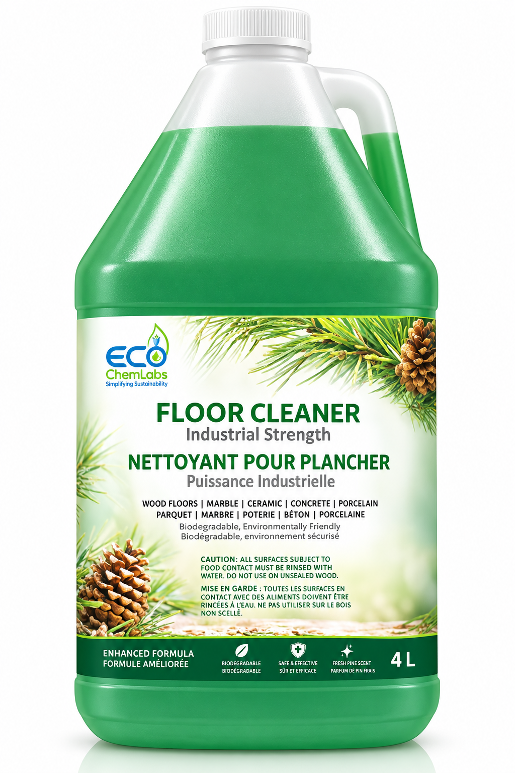 ECO ChemLabs 4L industrial strength pine floor cleaner for wood, marble, ceramic and concrete floors