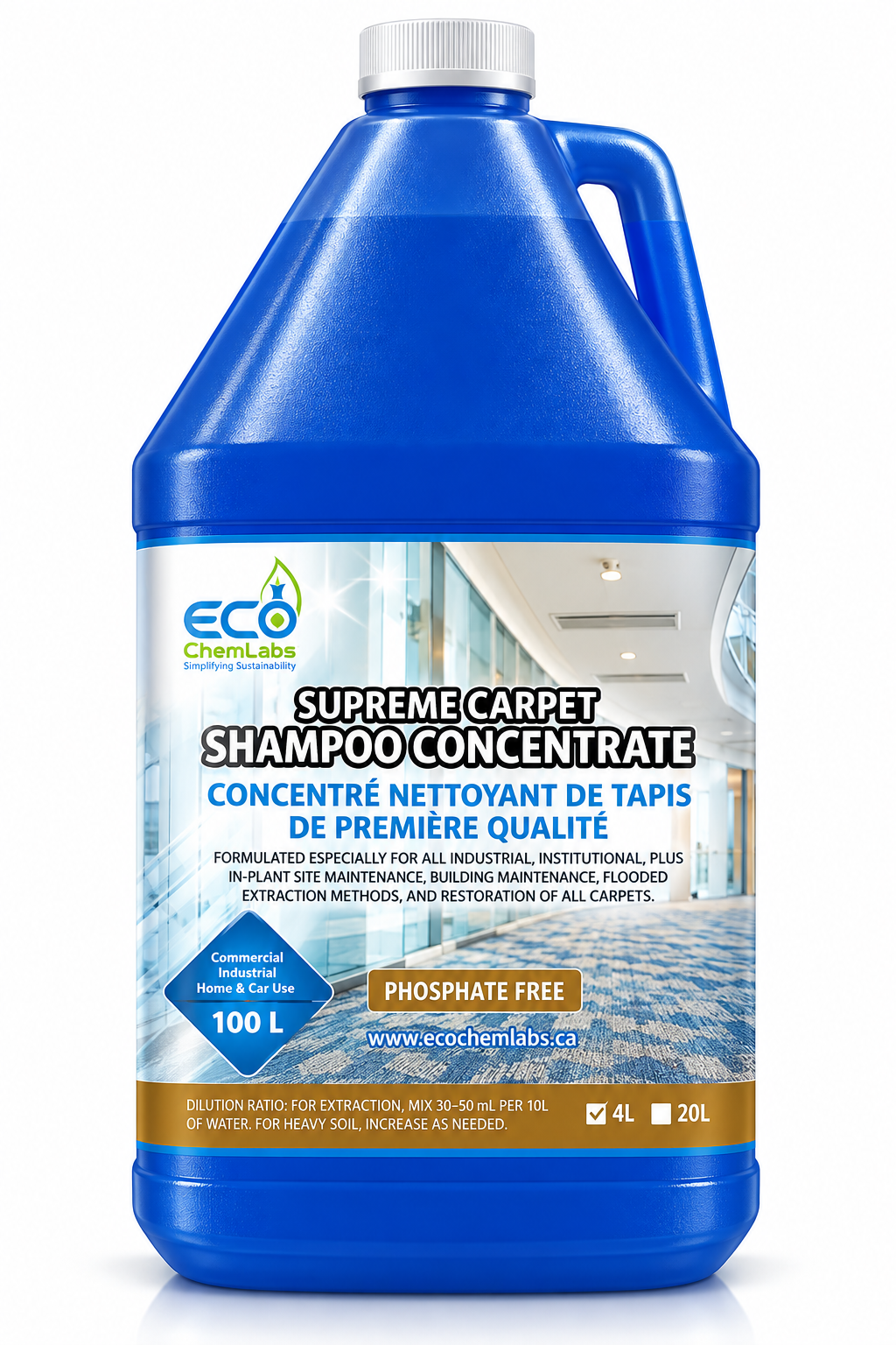 ECO ChemLabs Supreme 4L carpet shampoo concentrate for commercial and institutional carpet cleaning